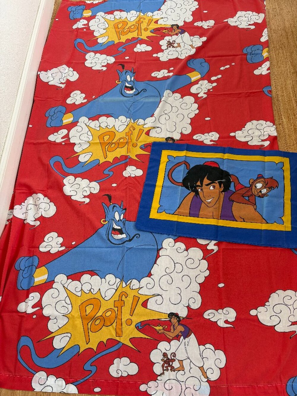 Vtg 90s Disney Aladdin Genie Abu POOF Twin Bedding Flat Sheet + Pillowcase